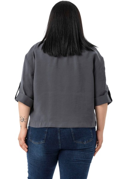 Büyük Beden Tek Düğmeli Düşük Yarım Kollu Apoletli Cepli Kısa Antrasit Ceket modelleri