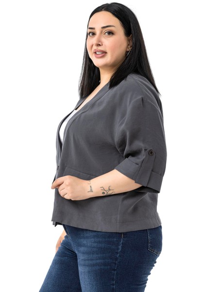 Büyük Beden Tek Düğmeli Düşük Yarım Kollu Apoletli Cepli Kısa Antrasit Ceket indirimleri