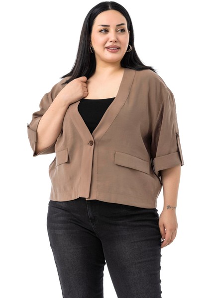 Büyük Beden Tek Düğmeli Düşük Yarım Kollu Apoletli Cepli Kısa Kahverengi Ceket fiyatları
