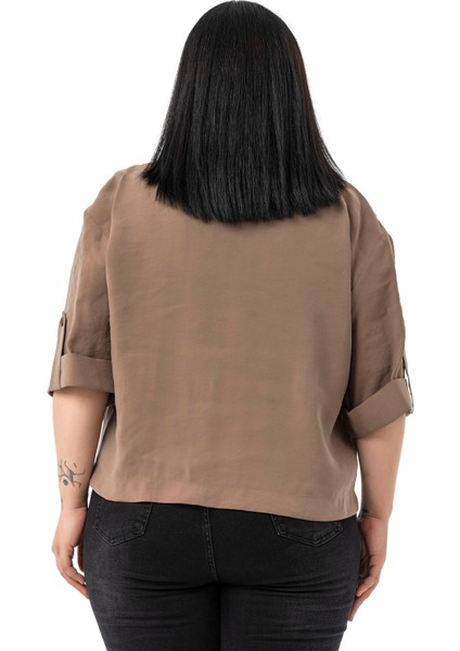 Büyük Beden Tek Düğmeli Düşük Yarım Kollu Apoletli Cepli Kısa Kahverengi Ceket modelleri