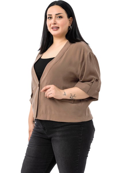 Büyük Beden Tek Düğmeli Düşük Yarım Kollu Apoletli Cepli Kısa Kahverengi Ceket indirimleri