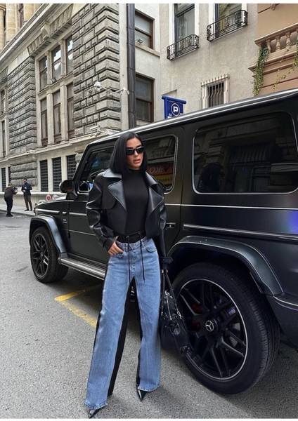 Kadın Tint Haki Lazer Detaylı Skater Jogger Fit Denim Jogger Kot Pantolon Baggy Model