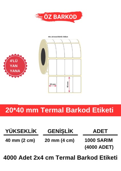 Barkod Etiketi 20MM*40MM – 4000ADET(SARIM) | Net Baskı, Gerçek Uzunluk, Cihaz Dostu