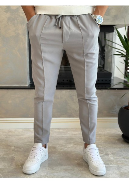 Erkek Beli Bağcıklı Slim Fit Pantolon Gri ECA012