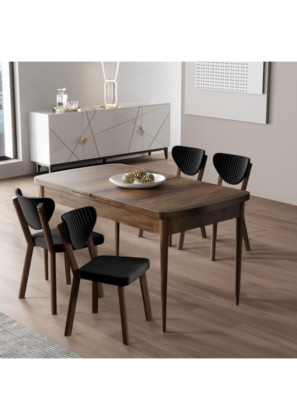 Exve Serisi 80X132 Açılabilir Barok Ahşap Desen Masa Takımı ve 4 Siyah Sandalye