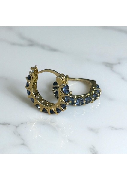 Mavi Taşlı Gold Küpe