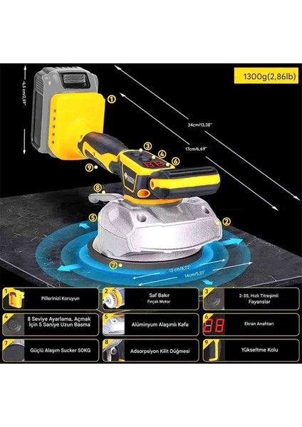 İyisi Yok 10 Pilli Elektrikli Fayans Döşeme Makinesi, 5000 Rpm, Fayans Vibratörü, Vantuzlu, 6 Hız, 60KG Emiş Kapasitesi, Fayans ve Diğer Zeminler Için indirimleri
