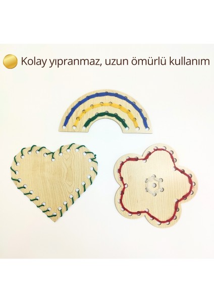 Çocuklar Için Ahşap Dikiş ve Desen Kartları Seti | Montessori Desen Kartları | Ahşap Desen Kartları ile Ip Geçirme Etkinliği – 3 Farklı Şekil, Güvenli Iğne ve 5 Renk Ip modelleri
