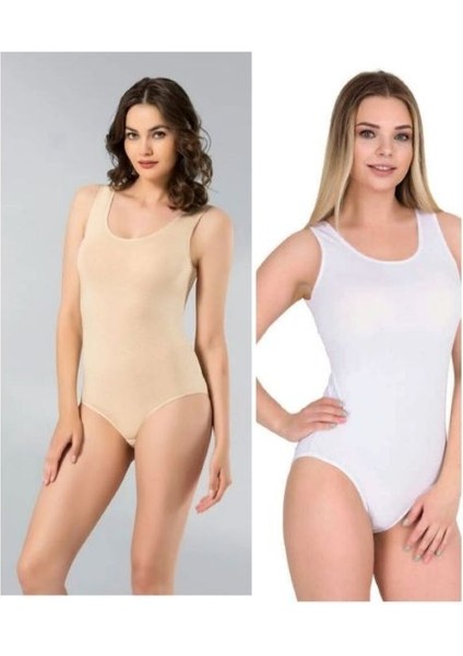 Berrak 4'lü Beyaz ve Ten Renkler Kalın Askılı Çıtçıtlı Body - Atlet