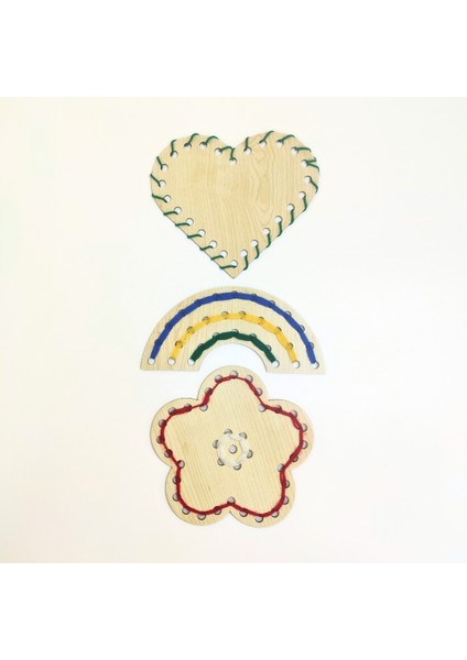 Çocuklar Için Ahşap Dikiş ve Desen Kartları Seti | Montessori Desen Kartları | Ahşap Desen Kartları ile Ip Geçirme Etkinliği – 3 Farklı Şekil, Güvenli Iğne ve 5 Renk Ip