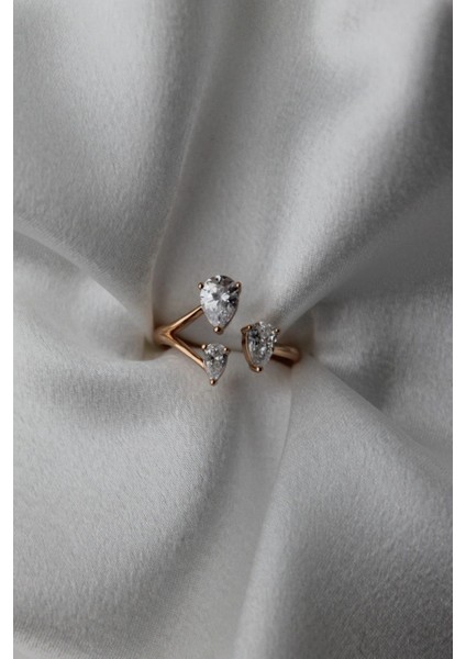 Vıp Çelik Damla Kesim Zirkon 3 Taşlı Ayarlanabilir Yüzük