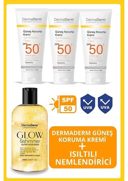 Altın Tozu Etkili Işıltılı Nemlendirici Losyon 250 Ml. ve 3 Adet Spf 50+ Yüz ve Vücut Güneş Kremi 3 x 100 Gr.