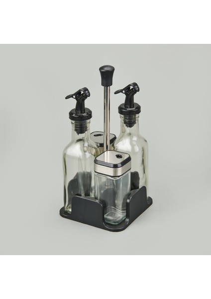 4'lü Cam Tuzluk Yağlık Sirkelik Seti - Şeffaf / Siyah