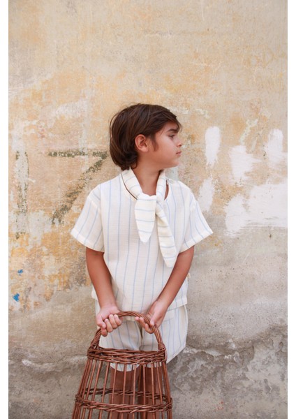 Mavi Çizgili Yaka Bağlamalı Alt Üst Takım