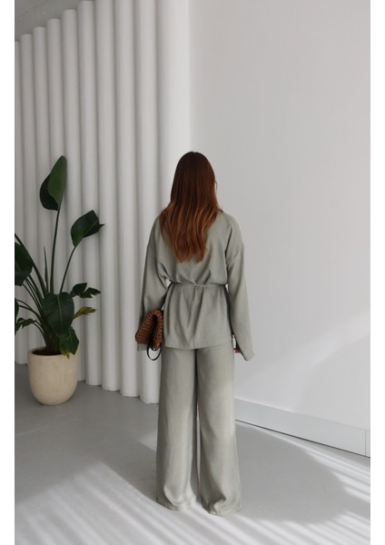 Çağla Yeşili Şal Yaka Keten Takım (Oversize Kalıp) modelleri