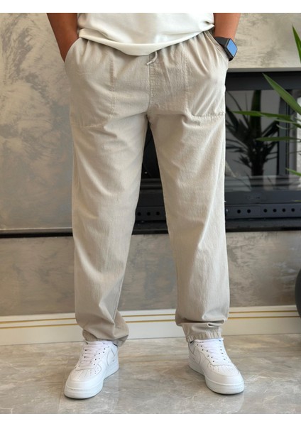 Erkek Beli Bağcıklı Baggy Kalıp Keten Pantolon Bej ECA005
