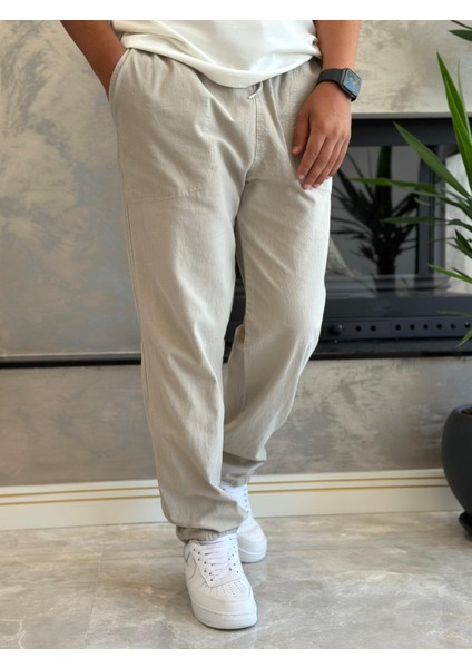 Erkek Beli Bağcıklı Baggy Kalıp Keten Pantolon Bej ECA005 fiyatları