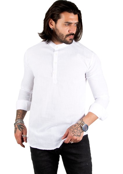 Yarım Düğmeli Çizgili Hakim Yaka Ham Keten Uzun Kollu Erkek Gömlek 2201914 fiyatları