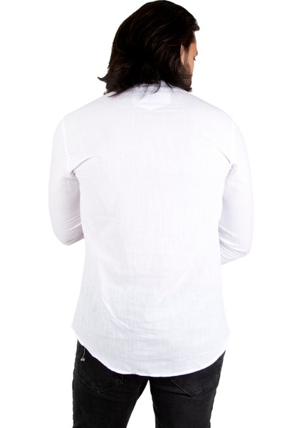 Yarım Düğmeli Çizgili Hakim Yaka Ham Keten Uzun Kollu Erkek Gömlek 2201914 indirimleri