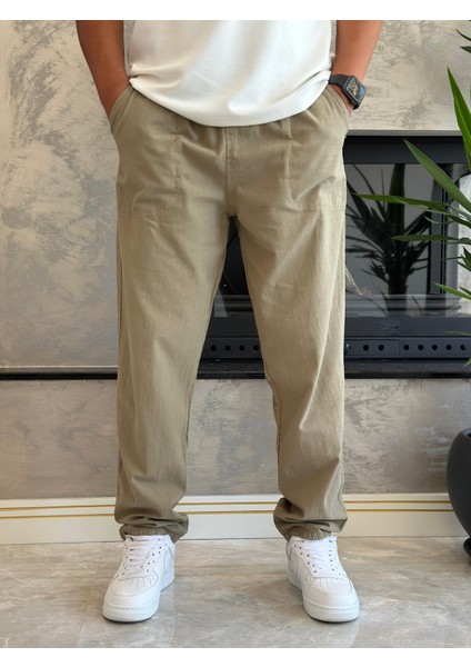 Erkek Beli Bağcıklı Baggy Kalıp Keten Pantolon Haki ECA005