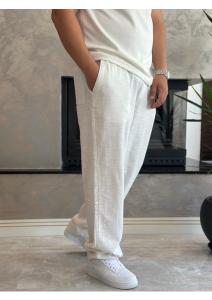 Erkek Rahat Kalıp Keten Pantolon Beyaz ECA001