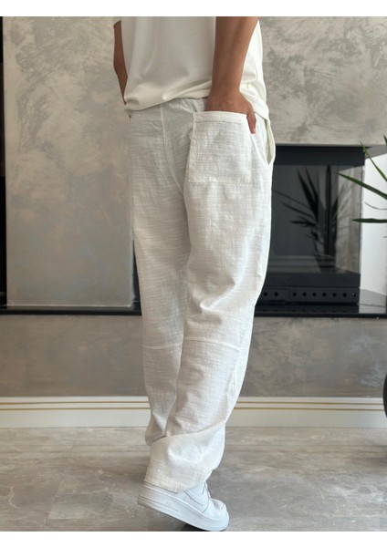 Erkek Rahat Kalıp Keten Pantolon Beyaz ECA001 modelleri