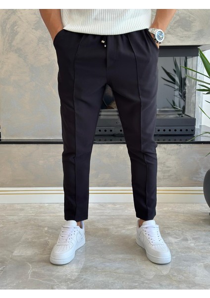 Erkek Beli Bağcıklı Slim Fit Pantolon Siyah ECA012