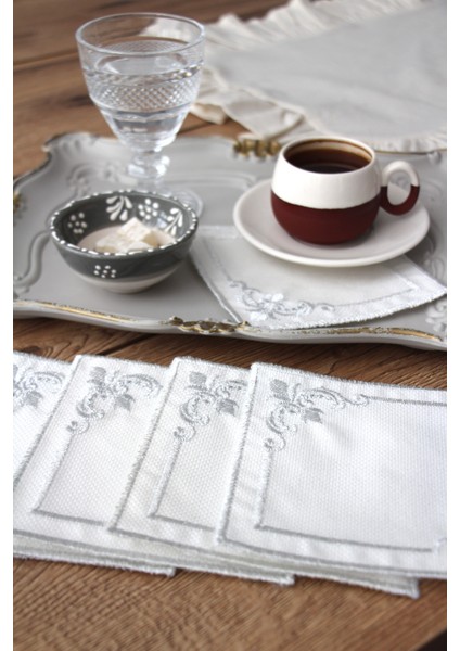 Köşeli 6'lı Kokteyl Kahve Sunum Peçetesi Nakış Işlemeli Gardenya Sunumluk modelleri