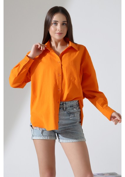 Kadın Gömlek Oversize Kalıp Keten Kumaş Aplike Cepli Apoletli Turuncu Kadın Gömlek modelleri