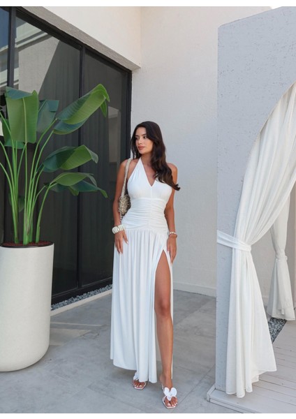 Boyundan Bağlamalı Bel Drapeli Yırtmaçlı Elbise