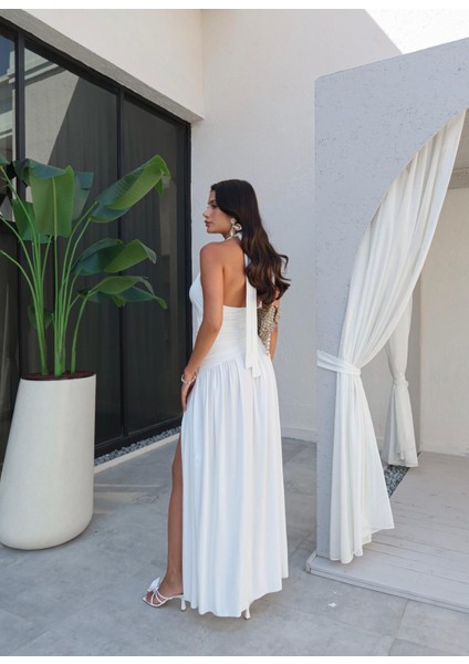 Boyundan Bağlamalı Bel Drapeli Yırtmaçlı Elbise indirimleri