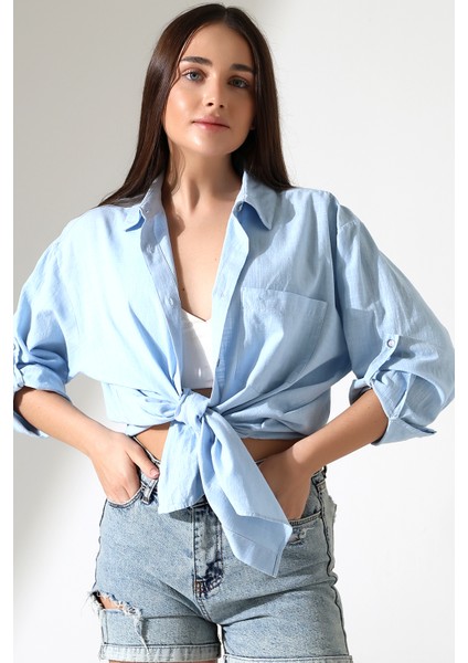 Kadın Gömlek Oversize Kalıp Keten Kumaş Aplike Cepli Apoletli Buz Mavisi Kadın Gömlek