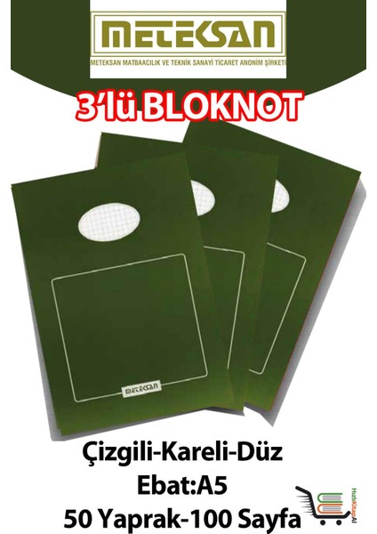 3 Adet A5 Ebat 50 YAPRAK(100 Sayfa) Bloknot-Meteksan