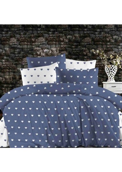 Pamuklu Ranforce Kumaş Çift Kişilik Mavi Kalpli Desen Nevresim Tam Takım