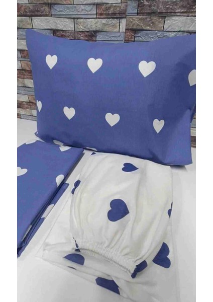 Pamuklu Ranforce Kumaş Çift Kişilik Mavi Kalpli Desen Nevresim Tam Takım modelleri