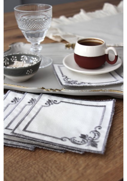 Köşeli 6'lı Kokteyl Kahve Sunum Peçetesi Nakış Işlemeli Gardenya Sunumluk