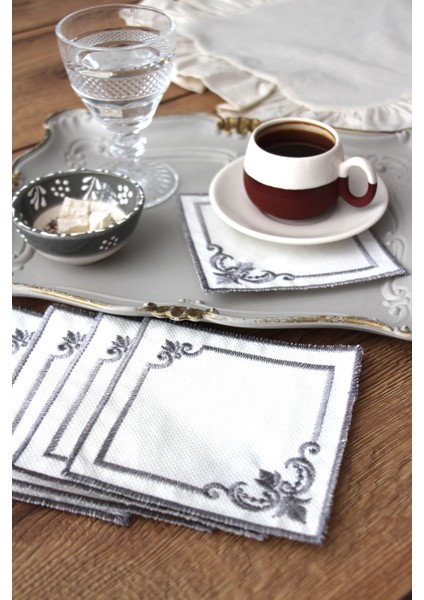 Köşeli 6'lı Kokteyl Kahve Sunum Peçetesi Nakış Işlemeli Gardenya Sunumluk modelleri