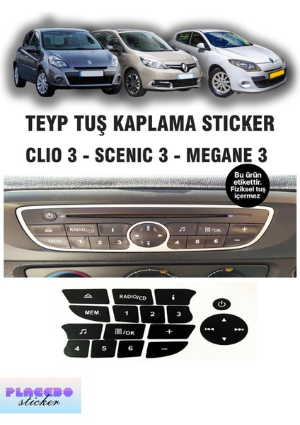 Megane 3 – Clio 3 – Scenic 3 Teyp Tuş Sticker Seti | Yıpranmış Tuşlar Için Etiket Seti