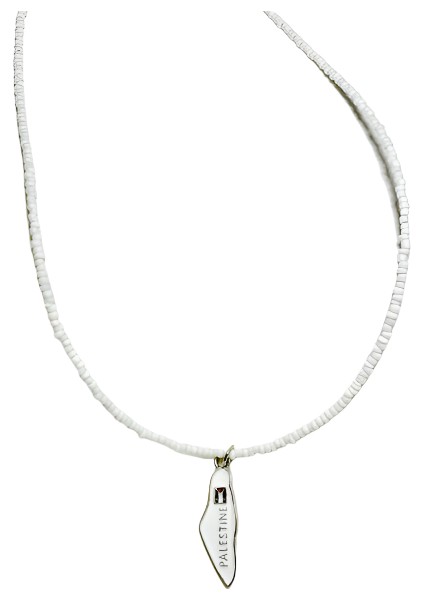 Beyaz Boncuklu El Yapımı Filistin Haritası Unisex Filistin Kolyesi 40 cm J300011