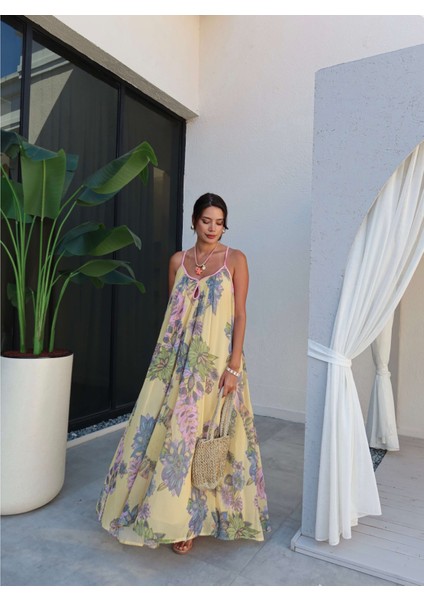 Sırt Çapraz Çiçekli Uzun Elbise