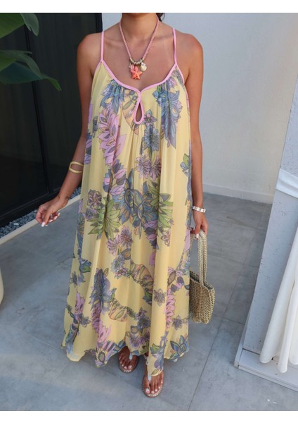 Sırt Çapraz Çiçekli Uzun Elbise modelleri