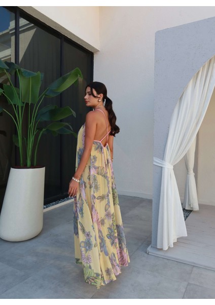 Sırt Çapraz Çiçekli Uzun Elbise indirimleri