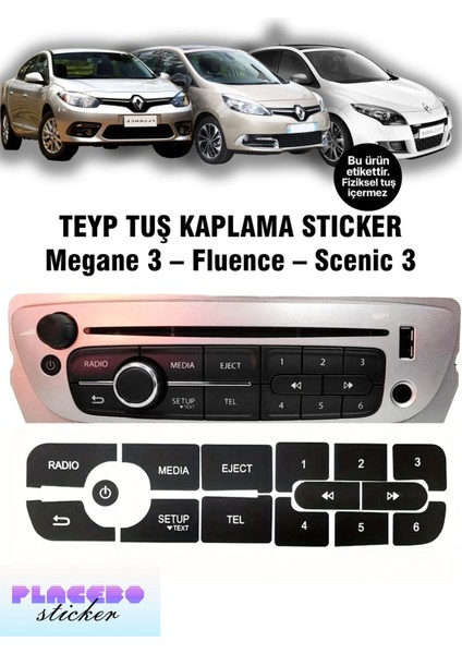 Megane 3 – Fluence – Scenic 3 Teyp Tuş Sticker Seti | Renault Uyumlu