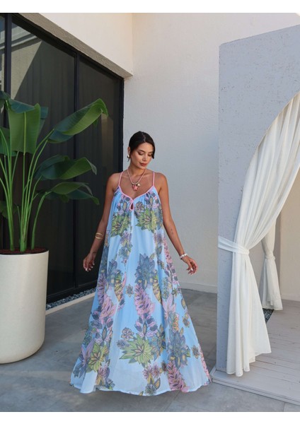 Sırt Çapraz Çiçekli Uzun Elbise