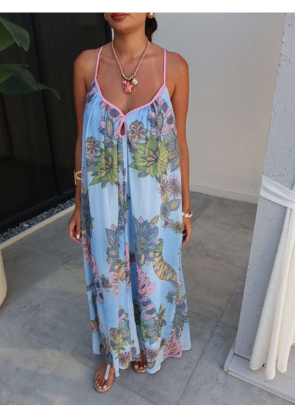 Sırt Çapraz Çiçekli Uzun Elbise modelleri