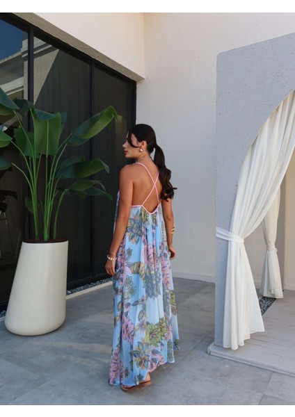Sırt Çapraz Çiçekli Uzun Elbise indirimleri