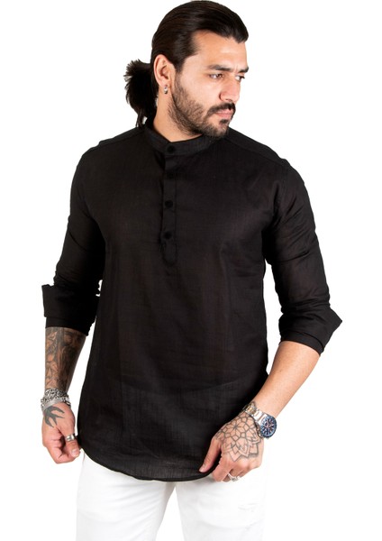 Yarım Düğmeli Çizgili Hakim Yaka Ham Keten Uzun Kollu Erkek Gömlek 2201914 modelleri