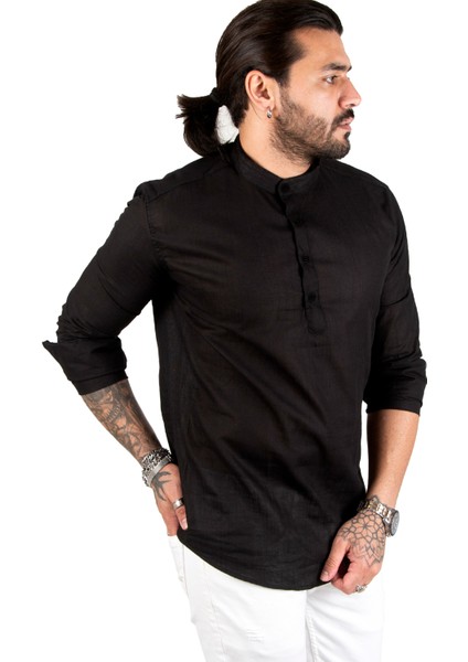 Yarım Düğmeli Çizgili Hakim Yaka Ham Keten Uzun Kollu Erkek Gömlek 2201914 fırsatları