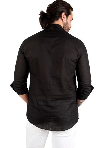 Yarım Düğmeli Çizgili Hakim Yaka Ham Keten Uzun Kollu Erkek Gömlek 2201914 indirimleri