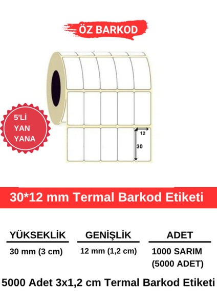 Barkod Etiketi 30MM*12MM – 5000ADET(SARIM) | Net Baskı, Gerçek Uzunluk, Cihaz Dostu